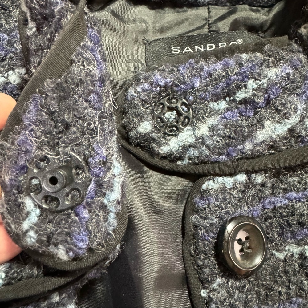 Sandro Tie Waist Blazer Jacket Tweed Textured Wool Blend Blue Black, Size Small - Picture 12 of 12